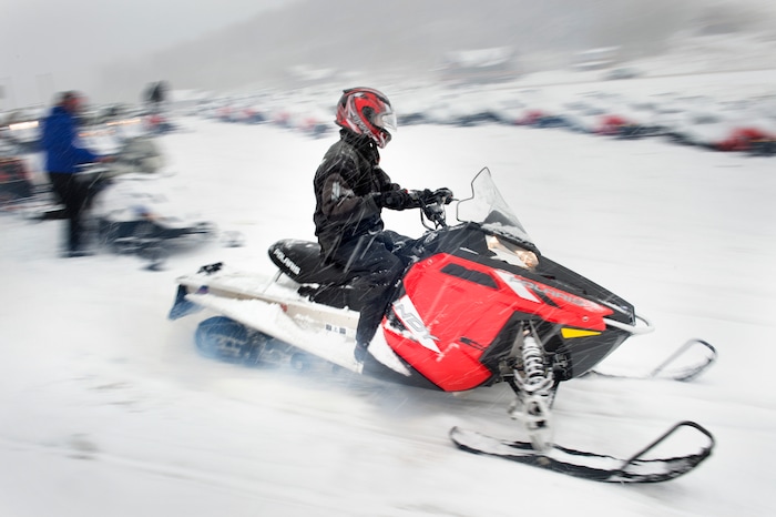 (Scott Sommerdorf   |  The Salt Lake Tribune)   
The Varvell family visiting from Connecticut rented snowmobiles at Daniel Summit Saturday, December 23, 2017. While the number of snowmobile licenses in Utah is declining, trail usage is up dramatically.  