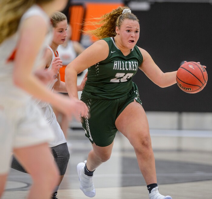 (Steve Griffin  |  The Salt Lake Tribune)  Hillcrest's Taylee Allen hustles the ball up court during game against Skyridge at Skyridge High School in Lehi Wednesday December 13, 2017.