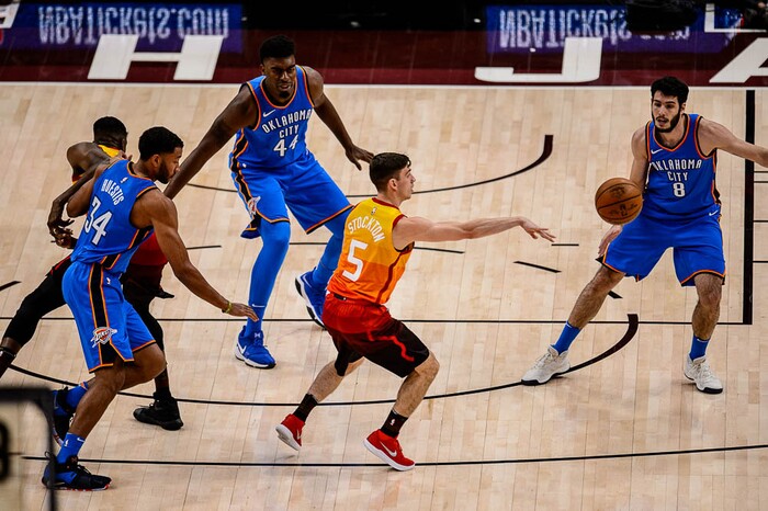 (Trent Nelson | The Salt Lake Tribune)  
Utah Jazz host the Oklahoma City Thunder, Game 3, NBA playoff basketball in Salt Lake City, Saturday April 21, 2018. Utah Jazz guard David Stockton (5) passes the ball.