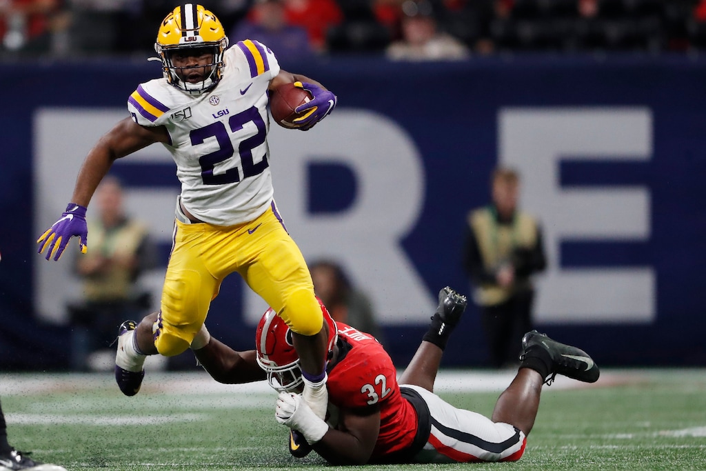 (John Bazemore | AP file photo) In this Dec. 7, 2019 file photo, LSU running back Clyde Edwards-Helaire (22) carries during the second half of the Southeastern Conference championship NCAA college football game in Atlanta.