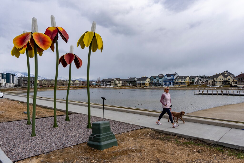 (Rick Egan | The Salt Lake Tribune)  Oquirrh Lake, in Daybreak, on Thursday, March 14, 2024. The South Jordan development can expect a new theater and arts center to open in 2028.