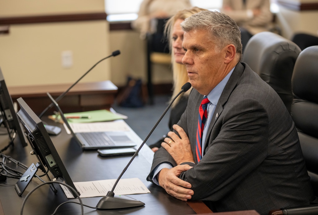 (Rick Egan | The Salt Lake Tribune)  Rep. Phil Lyman, R-Blanding, makes a comment on HB 436, about Utah flag amendments, during a committee meeting talking , at the Capitol, on Thursday, Feb. 8, 2024.