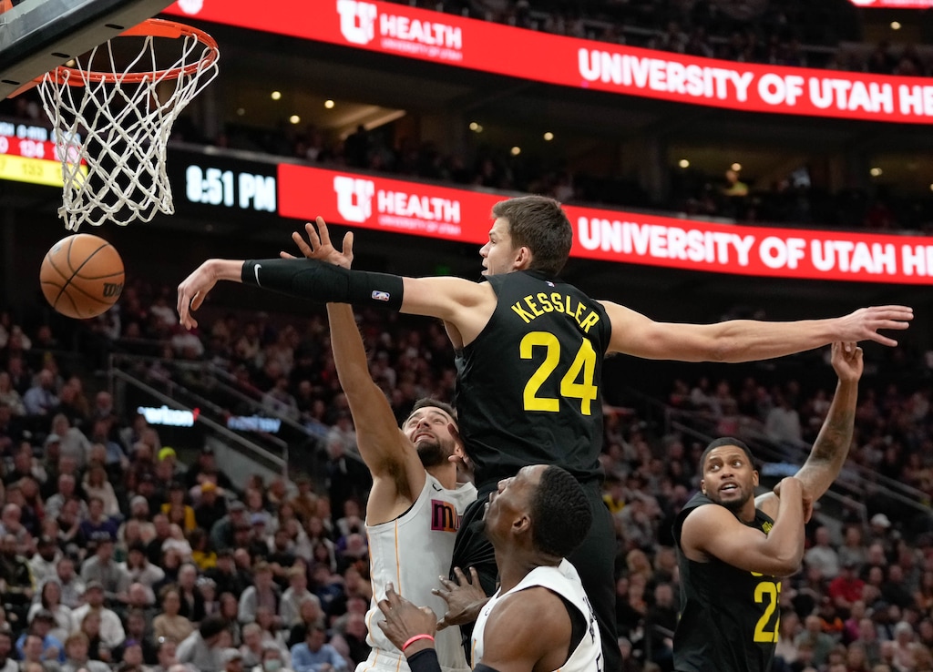 (Francisco Kjolseth | The Salt Lake Tribune) Utah Jazz center Walker Kessler (24) gets the block on Miami Heat guard Max Strus (31)as the Utah Jazz take on the Miami Heat in NBA basketball at Vivint Arena in Salt Lake City on Saturday Dec. 31, 2022.