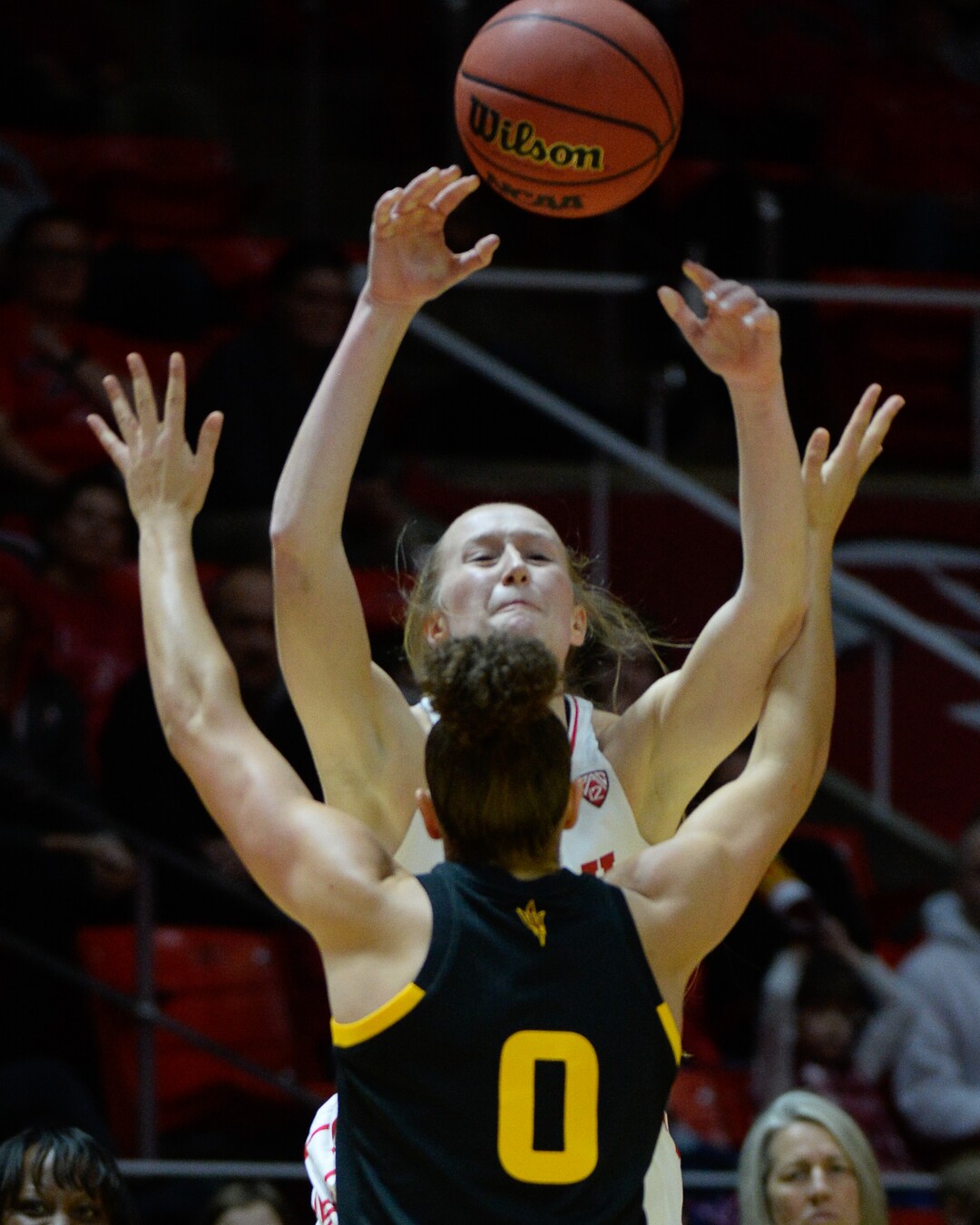 (Francisco Kjolseth  |  The Salt Lake Tribune)  Utah Utes guard Dru Gylten (10) looks for a pass over Arizona State Sun Devils guard Taya Hanson (0) in Utes' Pac-12 home opener at the Jon M Huntsman Center on Friday, Jan. 4, 2019. They're off to one of their best starts in team history.