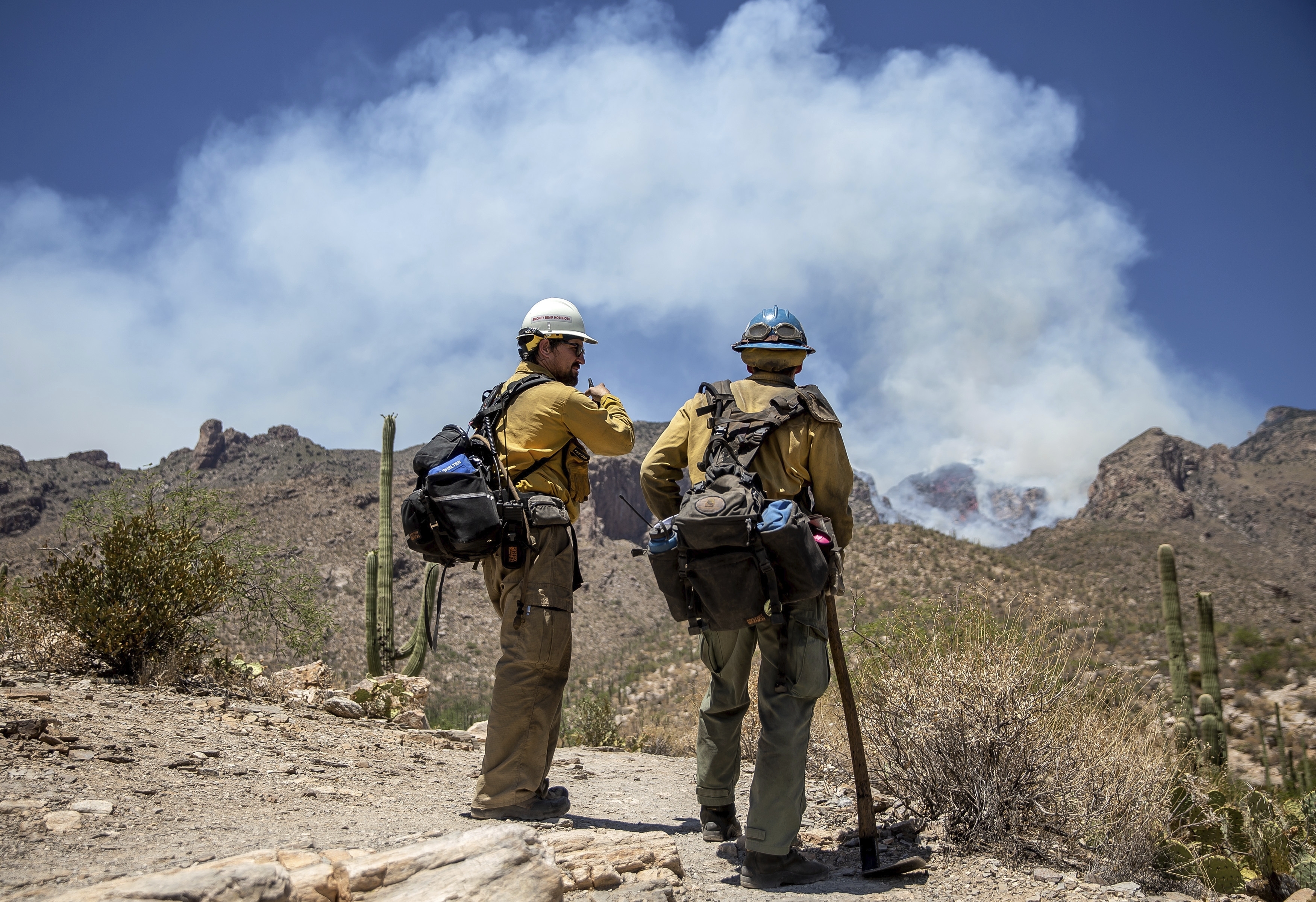 (Josh Galemore | Arizona Daily Star via AP, file) In this Wednesday, June 10, 2020 photo, crew members with the Smokey Bear and Blue Ridge Hotshots talk near the Finger Rock Canyon trailhead as smoke billows from the Bighorn Fire in the distance, in Tucson, Ariz. Thousands of firefighters from across the U.S. are battling dozens of wildfires burning throughout the West this summer as they do an inherently dangerous job that now carries the additional risk of COVID-19 transmission.