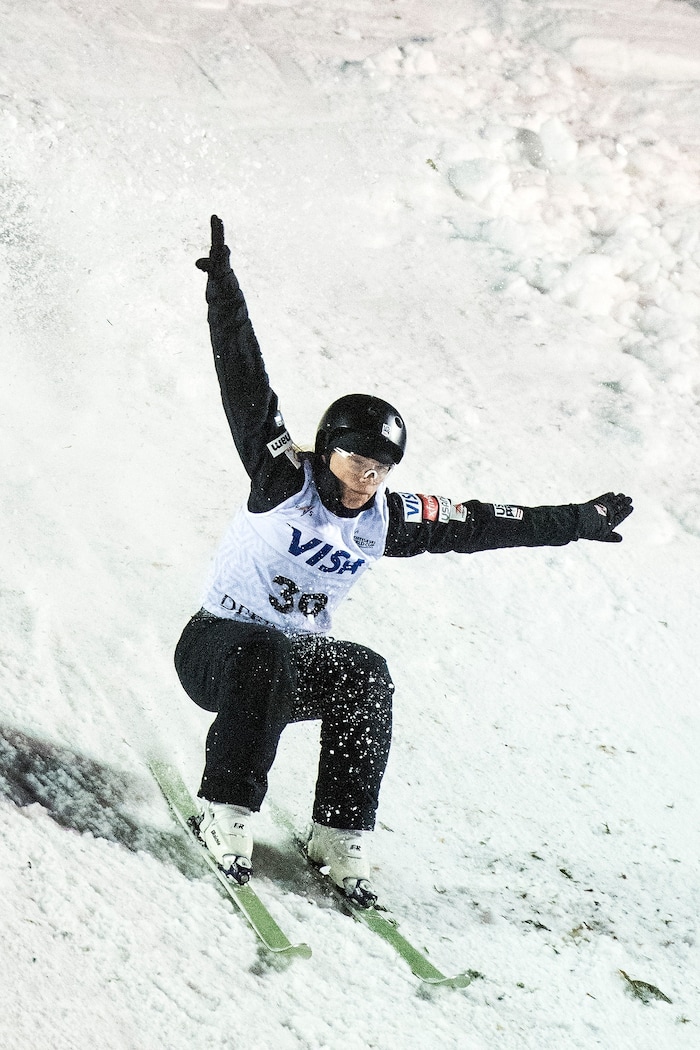 (Chris Detrick  |  The Salt Lake Tribune)  USA's Madison Varmette (30) competes in the Ladies' Aerial Finals during the FIS Visa Freestyle International Ski World Cup at Deer Valley Resort Friday, January 12, 2018.  Varmette finished in sixth place with a score of 71.92.