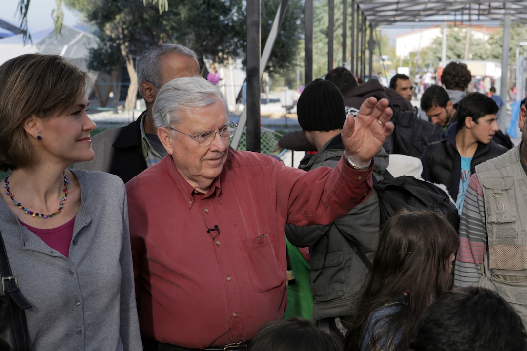 (The Church of Jesus Christ of Latter-day Saints) M. Russell Ballard visits a refugee shelter on the Greek island of Lesbos, Friday, Nov. 20, 2015. 