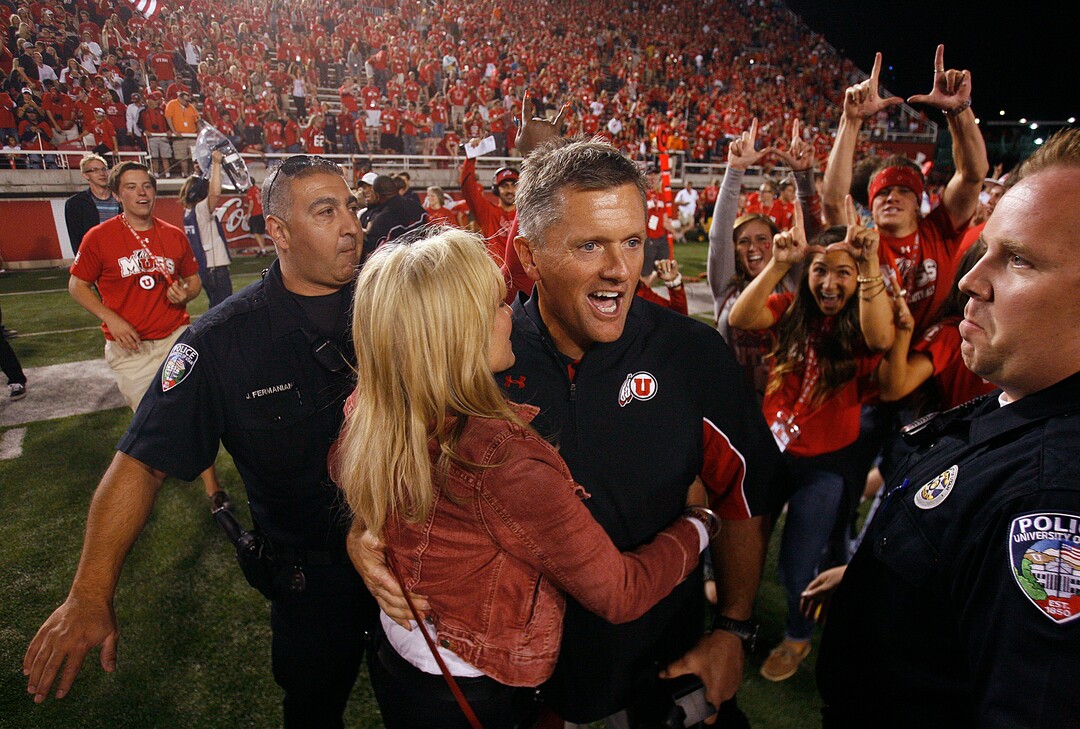 Scott Sommerdorf  |  The Salt Lake Tribune             Utah head coach Kyle Whittingham gets congratulated by his wife Jamie after Utah defeated BYU 24-21, Saturday, September 15, 2012.