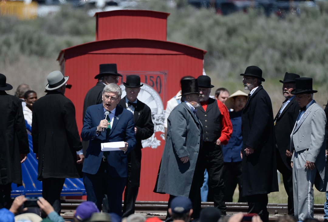 (Francisco Kjolseth  |  The Salt Lake Tribune)  The Ambassador of Ireland to the U.S. Daniel Mulhall offers up a celebratory toast on Friday May 10, 2019, in celebration of the 150th anniversary of the completion of the transcontinental railroad at Promontory Summit where the two rails met back on May 10, 1869.