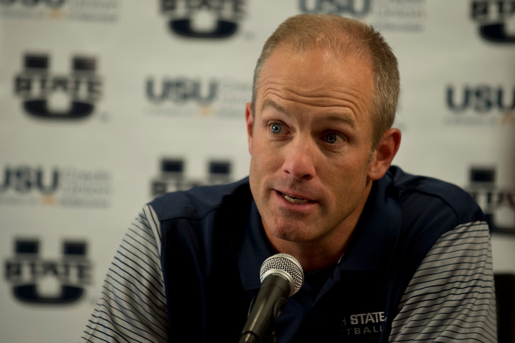 Lennie Mahler  |  The Salt Lake TribuneUtah State University head football coach Matt Wells answers questions during media day in Logan, Utah, Thursday, Aug. 4, 2016.