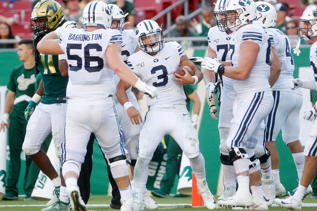 (Octavio Jones | Tampa Bay Times) Brigham Young Cougars quarterback Jaren Hall (3) celebrates after running the ball for a first down against the USF Bulls during the second half of the game at Raymond James Stadium in Tampa, Florida on Saturday, October 12, 2019.