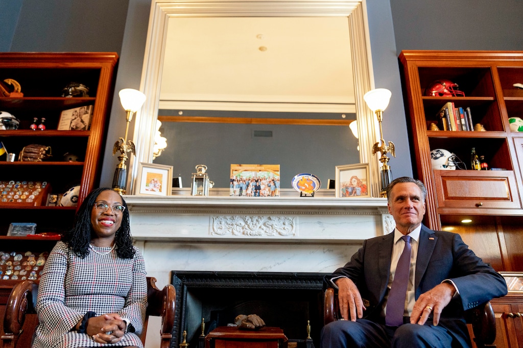 (Andrew Harnik | AP) Sen. Mitt Romney, R-Utah, is winning praise from Latter-day Saints for Biden-Harris for backing Judge Ketanji Brown Jackson’s nomination to the U.S. Supreme Court. Romney met with Jackson on March 29.