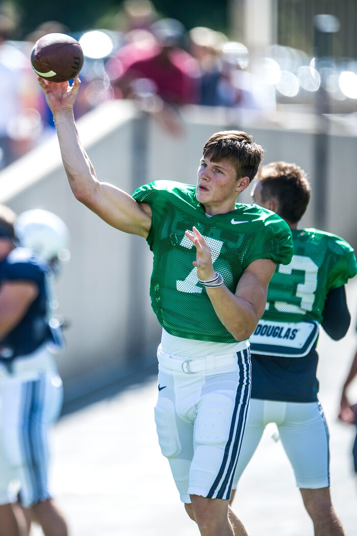 Chris Detrick  |  The Salt Lake TribuneBrigham Young Cougars quarterback Beau Hoge (7) during a scrimmage at LaVell Edwards Stadium Saturday August 15, 2015.  
