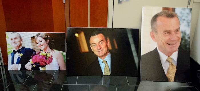 (Steve Griffin  |  The Salt Lake Tribune)  Photos of John Williams outside Third District Judge James Blanch's courtroom after Blanch sentenced Craig Crawford to life in prison without the possibility of parole after Crawford admitted that he trapped his 72-year-old estranged husband, well-known restaurateur John Williams, inside his home and then set it ablaze last year. Sentencing was at the Matheson Courthouse in Salt Lake City Thursday August 31, 2017. 