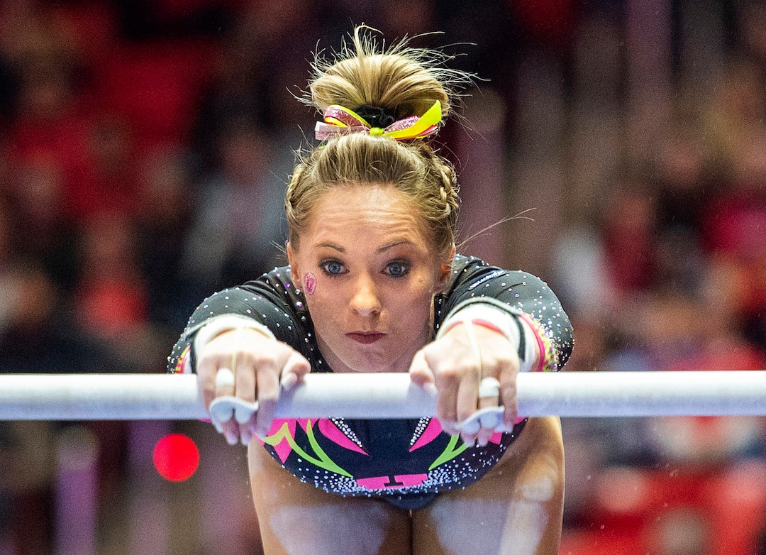 (Rick Egan  |  The Salt Lake Tribune)  MyKayla Skinner competes on the uneven bars, in PAC-12 Gymnastics action between the Utes and The California Golden Bears, in the Jon M. Huntsman Center, in Salt Lake City, Saturday, Feb. 9, 2019.