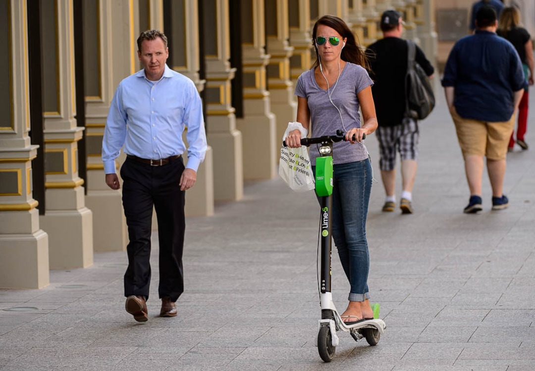 (Trent Nelson | The Salt Lake Tribune)  
Scooters have become a common sight in downtown Salt Lake City, Monday Sept. 10, 2018.
