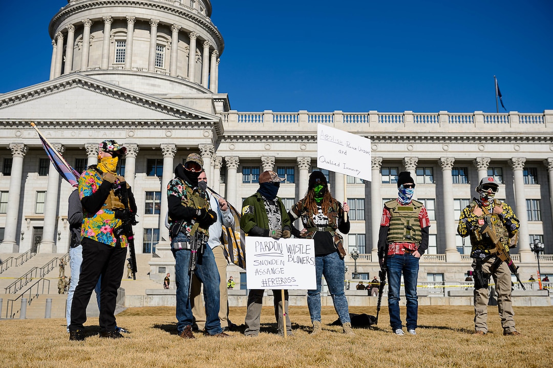 (Trent Nelson  |  The Salt Lake Tribune) Members of the Bois of Liberty at the state Capitol in Salt Lake City on Sunday, Jan. 17, 2021.