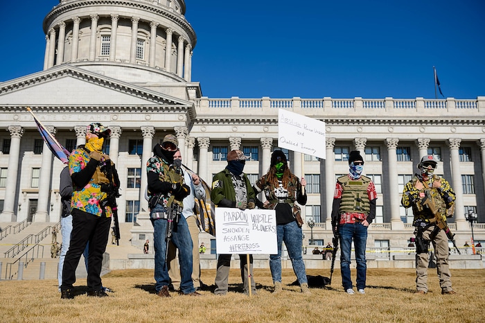 (Trent Nelson | The Salt Lake Tribune) Members of the Bois of Liberty at the state Capitol in Salt Lake City on Sunday, Jan. 17, 2021.