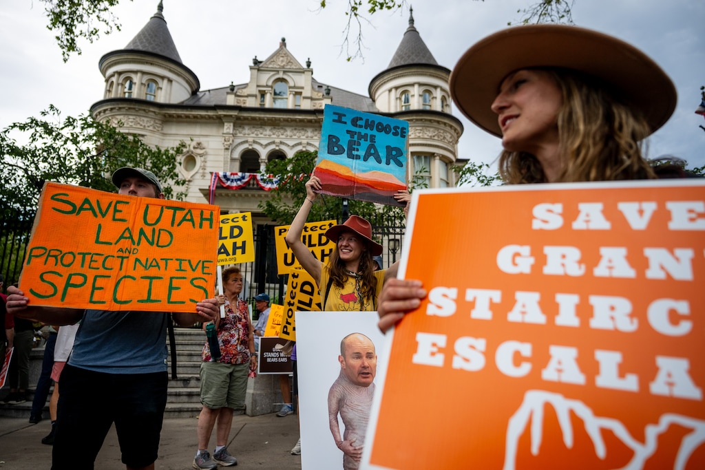 (Trent Nelson  |  The Salt Lake Tribune) Hundreds gather in front of the Governor's Mansion to protest the shrinking of two national monuments, in Salt Lake City on Monday, July 20, 2026.