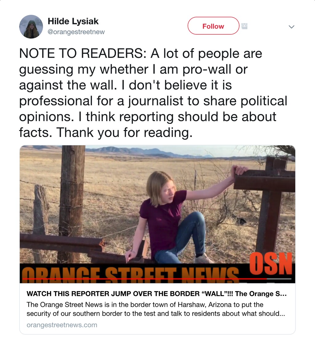(Courtesy of Twitter) Hilde Kate Lysiak didn’t back down when Joseph Patterson, the town marshal in Patagonia, Ariz., allegedly threatened to throw her in juvenile jail on Monday, then falsely claimed it would be illegal for her to film him and publish the video on the Internet.