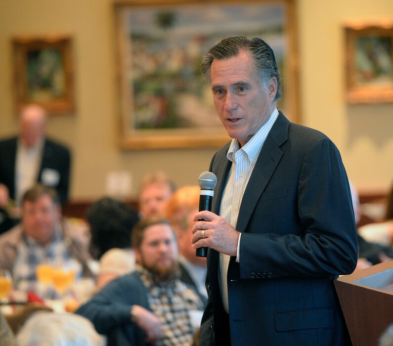 (Al Hartmann  |  The Salt Lake Tribune) 	
Republican Senate candidate Mitt Romney speaks and answers questions at an informal breakfast with state delegates Wednesday, March 28, 2018, in Salt Lake City.