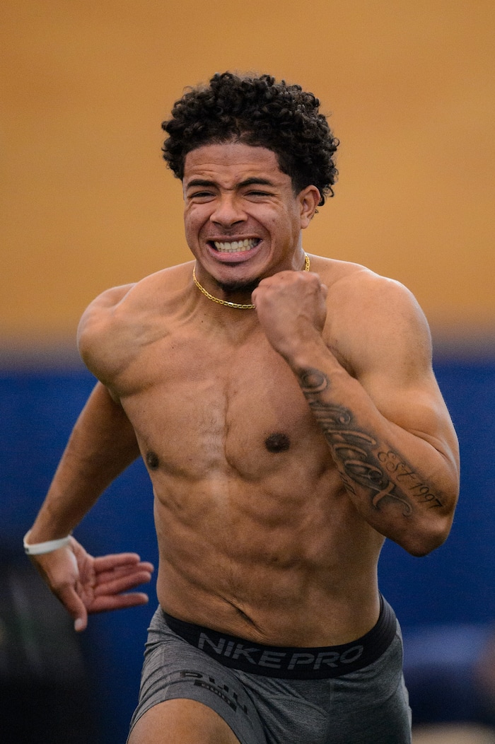(Trent Nelson | The Salt Lake Tribune) Chris Wilcox runs the 40-yard dash in 4.31 seconds during BYU football Pro Day, in Provo on Friday, March 26, 2021.