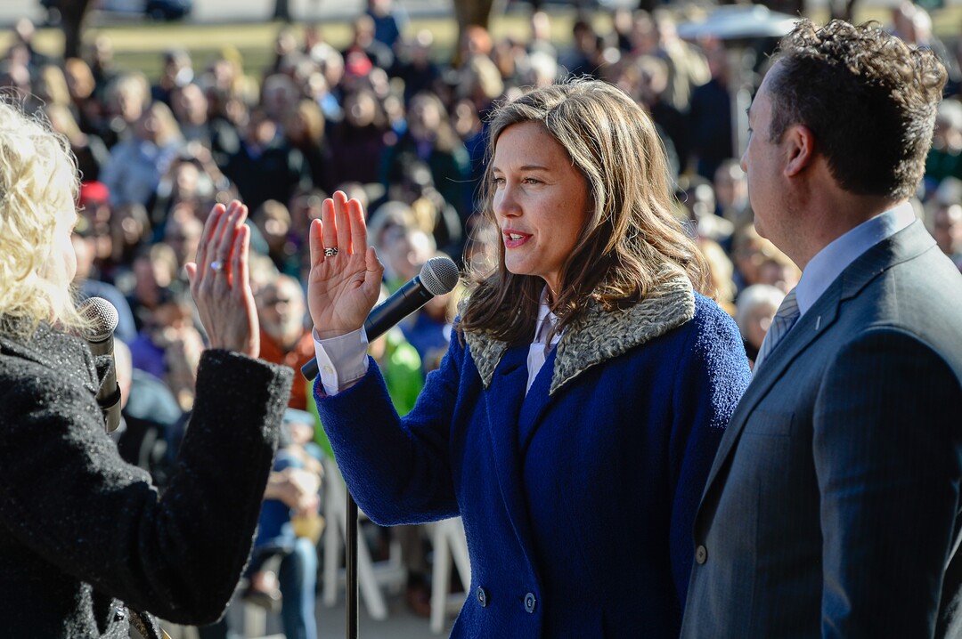 (Francisco Kjolseth  |  The Salt Lake Tribune) Erin Mendenhall is joined by her husband, Kyle LaMalfa, as she is administered the oath of office as Salt Lake City mayor by City Recorder Cindi Mansell, at Salt Lake City Hall on Monday, Jan. 6, 2020.