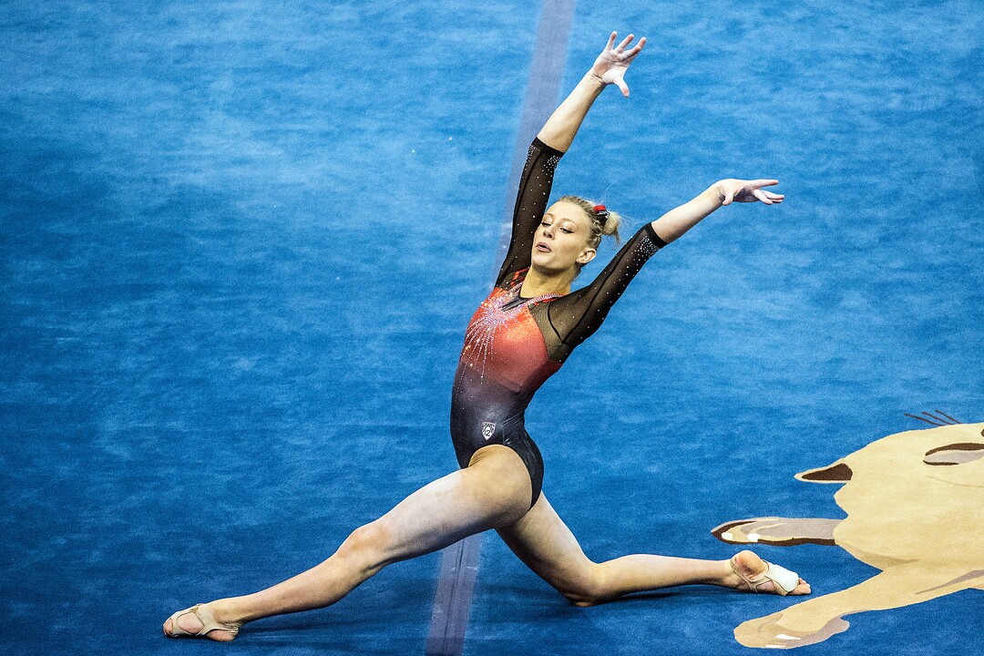 Chris Detrick  |  The Salt Lake TribuneUtah's Makenna Merrell competes on the floor during the gymnastics meet against Brigham Young University at the Marriott Center Friday January 13, 2017. 
