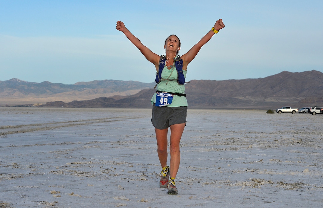 (Scott Sommerdorf | The Salt Lake Tribune)Melissa Soper celebrates as she crosses the finish line at the Salt Flats 100 Endurance Run, Saturday, May 5, 2018. Soper was the first woman to finish the race. She finished 9th overall.