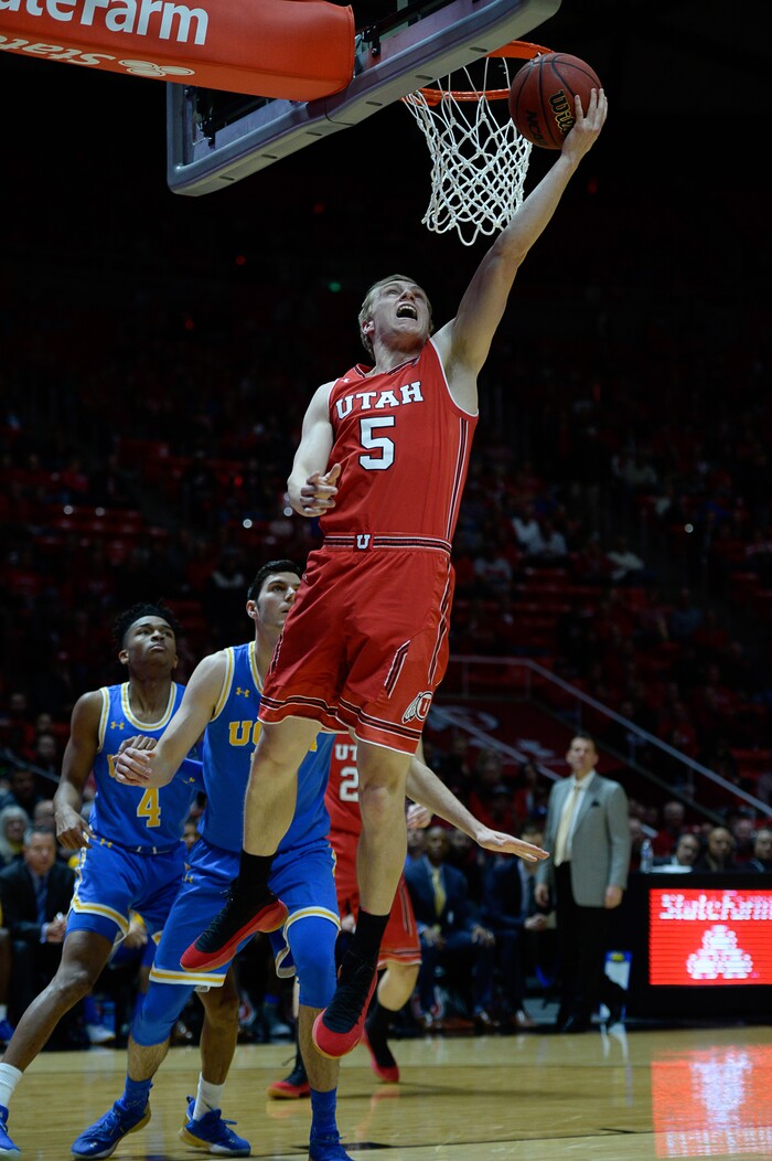 (Francisco Kjolseth  |  The Salt Lake Tribune)  Utah Utes guard Parker Van Dyke (5) drops one in as the University of Utah hosts UCLA in NCAA basketball at the Huntsman Center in Salt Lake City, Thursday, Feb. 22, 2018.