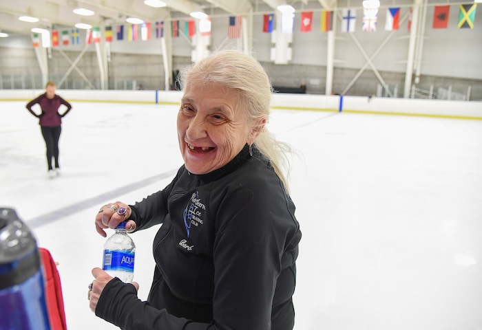 (Francisco Kjolseth  |  The Salt Lake Tribune)  Barb Foley, 71, of Orland Park, Illinois takes a break from practice as part of the 2019 U.S. Adult Figure Skating Championships, now in its 25th year, being held at the SLC Sports Complex. Over 600 skaters between 21 and 80 will compete April 3-6.