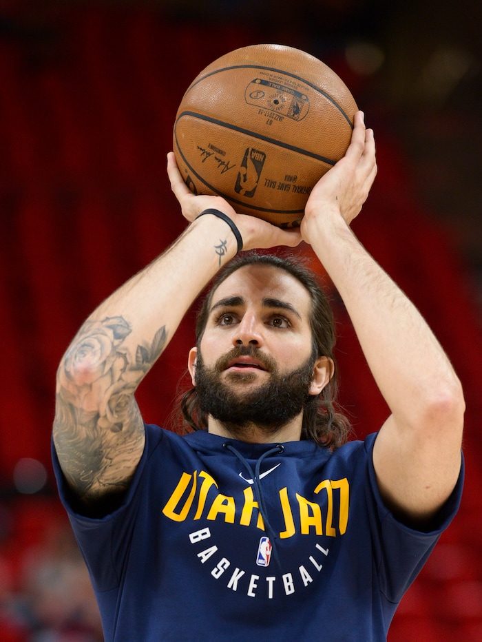 (Leah Hogsten  |  The Salt Lake Tribune)  Utah Jazz guard Ricky Rubio (3) shoots around the court as the Utah Jazz get ready to take on the Houston Rockets in Game 3 of an NBA basketball second-round playoff series Friday, May 4, 2018 in Salt Lake City.