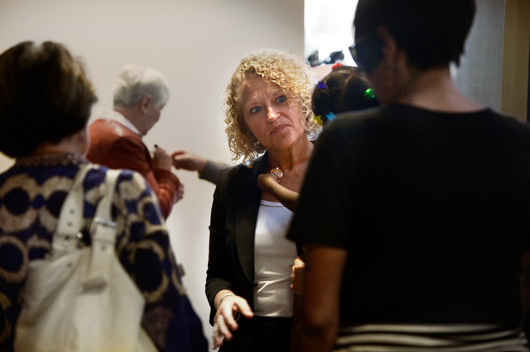 (Scott Sommerdorf   |  The Salt Lake Tribune)   Salt Lake City Mayor Jackie Biskupski holds a member of the Tillman family who had come to the VOA, Utah Homeless Youth Resource Center to visit a family member. Mayor Biskupski was there to speak at a press conference where it was announced that Gail Miller and the Miller family after had made a challenge grant of up to 10 million dollars to fund future homeless programs and services at the VOA, Utah Homeless Youth Resource Center, Thursday, August 17, 2017. 
