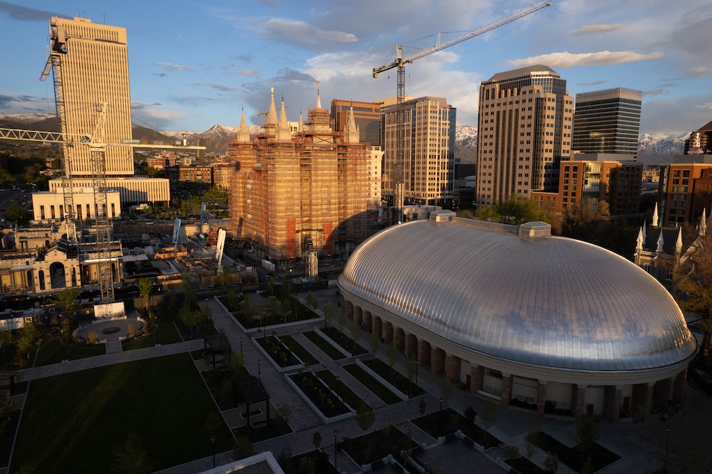 (Francisco Kjolseth  |  The Salt Lake Tribune) Temple Square, pictured in 2024 when scaffolding shrouded the Salt Lake Temple, soon will have new visitor experiences, including shows projected on the ceiling of the domed Tabernacle.