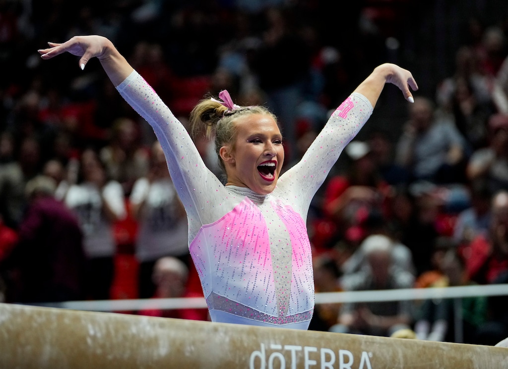 (Bethany Baker  |  The Salt Lake Tribune) Utah’s Abby Paulson, shown during a meet against Stanford on Feb. 23, scored 10.0 on the beam Friday night during Utah's tri-meet against Utah State and Stanford.