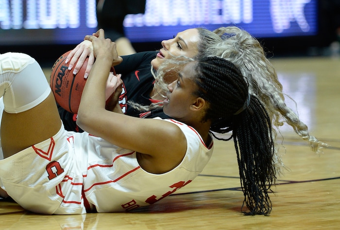 (Francisco Kjolseth  |  The Salt Lake Tribune)  Utah Utes forward Tanaeya Boclair (32) battles UNLV Rebels forward/center Katie Powell (21) for a ball as Utah hosts UNLV in women's NCAA basketball at the Huntsman Center, Thursday, March 15, 2018.