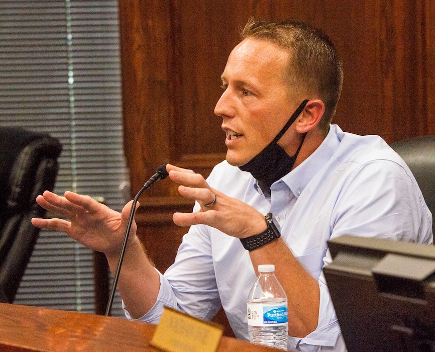 (Rick Egan  |  The Salt Lake Tribune)    Commissioner Tanner Ainge tells residents that they are doing exactly what they were not supposed to be doing, by overcrowding the room, and called for a vote to adjourn Utah County Commission meeting.  The meeting was adjourned before it even started. The group protesting against masks being required in schools removed the social distancing tape on the chairs and filled the Utah County Commission room to over flowing, prompting the vote to adjourn the meeting in Provo, on Wednesday, July 15, 2020.