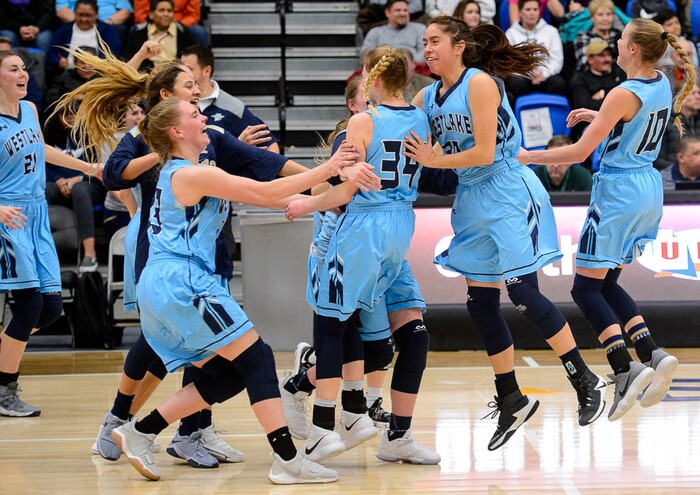 (Trent Nelson | The Salt Lake Tribune)  Westlake players celebrate the win as Hillcrest faces Westlake in the 6A High School Girls' Basketball Tournament at SLCC in Taylorsville, Thursday Feb. 22, 2018.