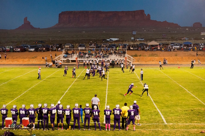 (Rick Egan  |  The Salt Lake Tribune)  The Monument Valley Cougars play their homecoming game against the Newcomb Skyhawks from New Mexico, Friday, September 25, 2015.