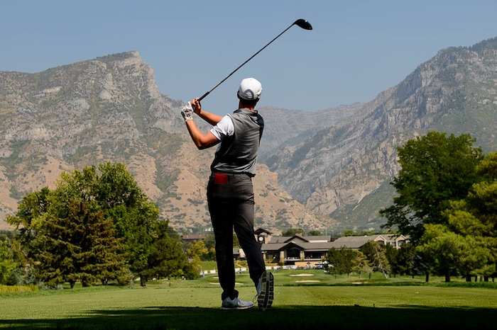 (Trent Nelson | The Salt Lake Tribune)  
A golfer on the 18th hole at the Utah Open golf tournament at Provo's Riverside Country Club, Sunday Aug. 19, 2018.