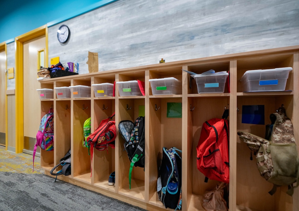 (Francisco Kjolseth | The Salt Lake Tribune) Backpacks line the hall of the preschool rooms at The Children's Center Utah on Tuesday, Sept. 19, 2023. Recent data from the Kem C. Gardner Policy Institute reveals a significant drop in the number of children from newborn to age nine in Salt Lake City.