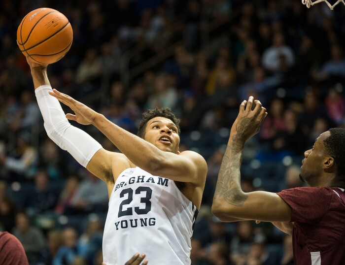 (Rick Egan  |  The Salt Lake Tribune)   Brigham Young Cougars forward Yoeli Childs (23) shoots for the Cougars, in basketball action, Brigham Young Cougars vs Texas Southern Tigers, at the Marriott Center in Provo, Saturday, December 23, 2017.