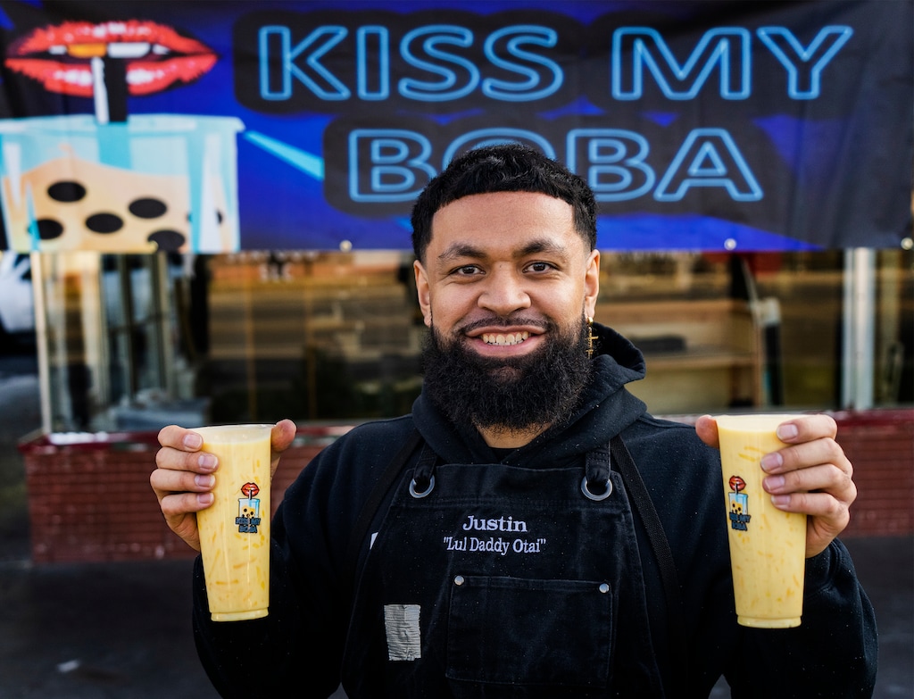 (Rick Egan | The Salt Lake Tribune)   Justin Tatola, owner of Kiss My Boba Utah at ComCom Kitchen, on Saturday, Oct. 29, 2022.