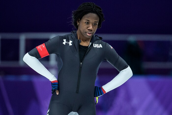 (Chris Detrick  |  The Salt Lake Tribune)  USA's Erin Jackson competes during the Ladies' 500m at the Gangneung Oval during the Pyeongchang 2018 Winter Olympics Sunday, Feb. 18, 2018. Jackson finished in 24th place with a time of 39.20. 