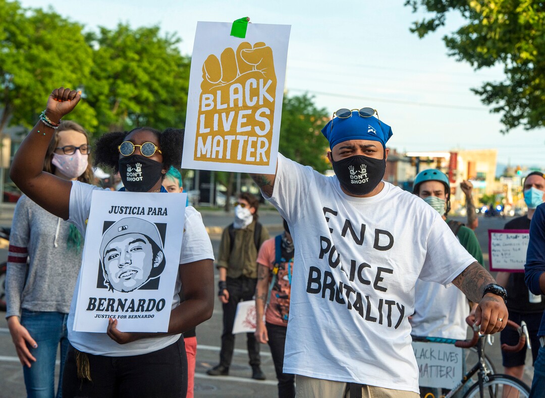 (Rick Egan  |  The Salt Lake Tribune)    Taylor and Hayden Natt joins with marchers, during a Justice for Bernardo protest in Salt Lake City, on Wednesday, June 24, 2020.