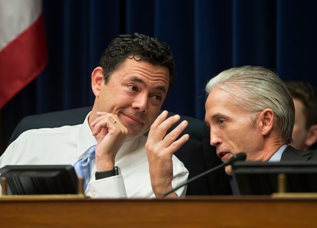 House Oversight and Government Reform Committee Chairman Rep. Jason Chaffetz, R-Utah, left, confers with House Select Benghazi Committee Chairman Rep. Trey Gowdy, R-S.C., on Capitol Hill in Washington, Thursday, July 7, 2016, as FBI Director James Comey testifies before the House Oversight and Government Reform Committee to explain his agency's recommendation to not prosecute Democratic presidential candidate Hillary Clinton about her private email setup during her time as secretary of state. (AP Photo/J. Scott Applewhite)
