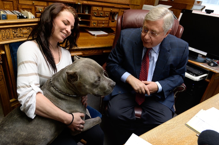 (Francisco Kjolseth | The Salt Lake Tribune) Kiersten Pyke, 26, is joined by her emotional support dog named Diesel and her attorney Bob Sykes on Monday, May 7, 2018, in Salt Lake City to talk about their filed case in state court involving serious sexual abuse against actor Tom Sizemore. In 2003, when Kiersten was an 11-year-old child actress, she was costarring in a movie filmed in Utah where Sizemore played her father. While she was on the set during scenes, Sizemore allegedly abused the young girl.