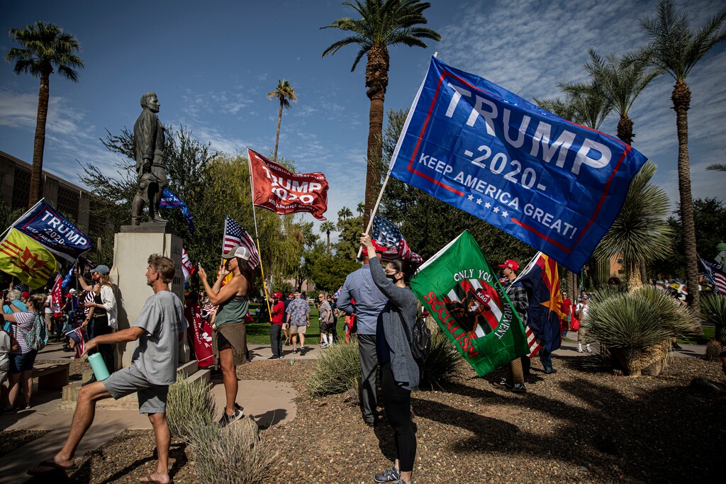 (Adriana Zehbrauskas | The New York Times) Supporters of President Donald Trump protest the result of the election at the Arizona State Capitol in Phoenix, after it was announced that Joe Biden was elected the 46th president of the United States, Nov. 7, 2020. Even in defeat, Republicans saw clear indicators of the enduring power of Trump-style populism during the presidential election.