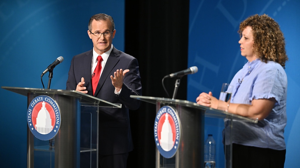 (Scott G Winterton | Pool) Utah’s 2nd Congressional District debate between Colby Jenkins, left, and Rep. Celeste Maloy at the KUED studios at the University of Utah in Salt Lake City on Monday, June 10, 2024.