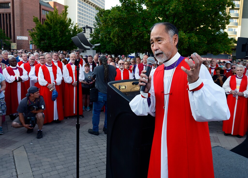 (Scott Sommerdorf   |  The Salt Lake Tribune)
Bishop Scott Hayashi, leader of Utah's Episcopal Church, speaks prior to a march against guns by more than 60 Episcopal bishops and about 2,000 in all, Sunday, June 28, 2015.